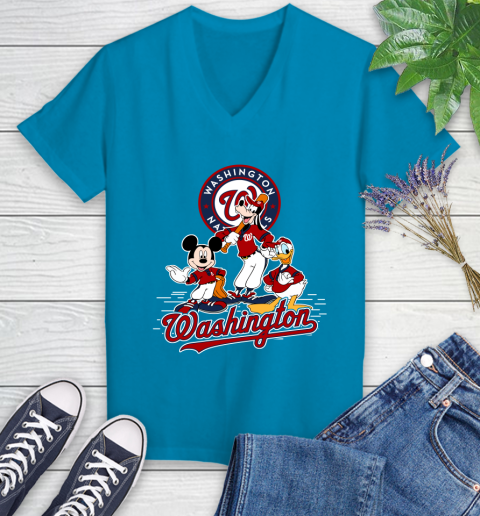 MLB Washington Nationals Mickey Mouse Donald Duck Goofy Baseball T Shirt Women's V-Neck T-Shirt 7