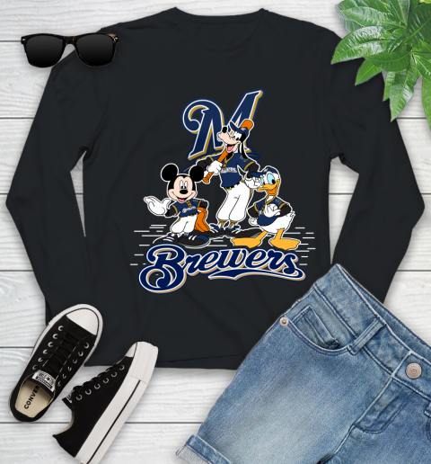 MLB Milwaukee Brewers Mickey Mouse Donald Duck Goofy Baseball T Shirt Youth Long Sleeve