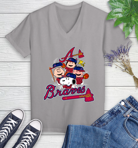 MLB Atlanta Braves Snoopy Charlie Brown Woodstock The Peanuts Movie Baseball T Shirt Women's V-Neck T-Shirt 4