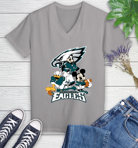 NFL Philadelphia Eagles Mickey Mouse Donald Duck Goofy Football Shirt Women's V-Neck T-Shirt 4