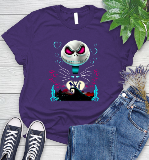 MLB New York Yankees Jack Skellington Sally The Nightmare Before Christmas Baseball Women's T-Shirt 4