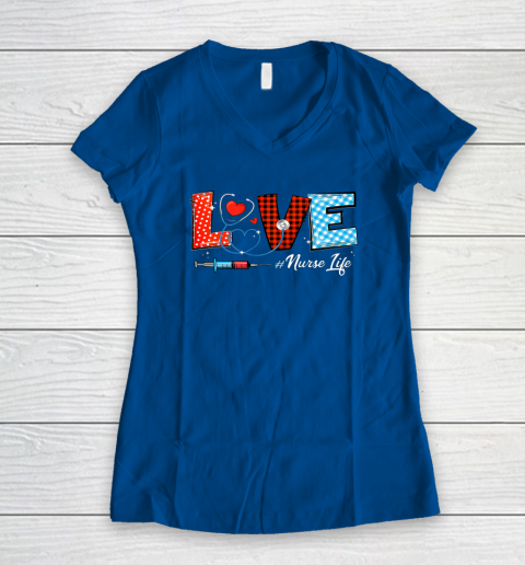 Love Nurselife Valentine Nurse Leopard Print Plaid Heart Women's V-Neck T-Shirt 5
