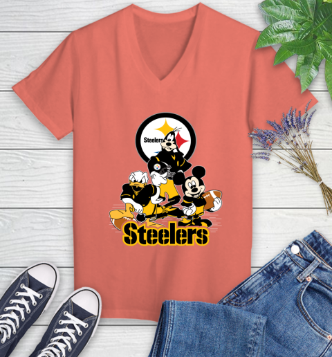 NFL Pittsburgh Steelers Mickey Mouse Donald Duck Goofy Football Shirt Women's V-Neck T-Shirt 6