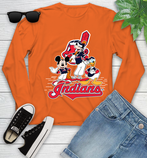 MLB Cleveland Indians Mickey Mouse Donald Duck Goofy Baseball T Shirt Youth Long Sleeve 3