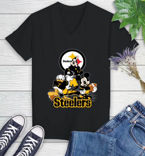 NFL Pittsburgh Steelers Mickey Mouse Donald Duck Goofy Football Shirt Women's V-Neck T-Shirt