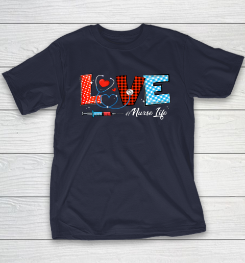 Love Nurselife Valentine Nurse Leopard Print Plaid Heart Youth T-Shirt 2